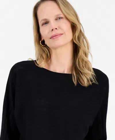 Kasper Women's Boat-neck Multi-stitch Dolman-sleeve Sweater In Black