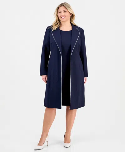 Le Suit Plus Size Open-front Jacket & Round-neck Sheath Dress In Blue