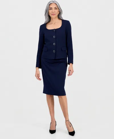 Le Suit Women's Square-neck Button-front Skirt Suit In Blue