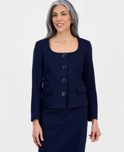 Le Suit Women's Square-neck Button-front Skirt Suit In Blue