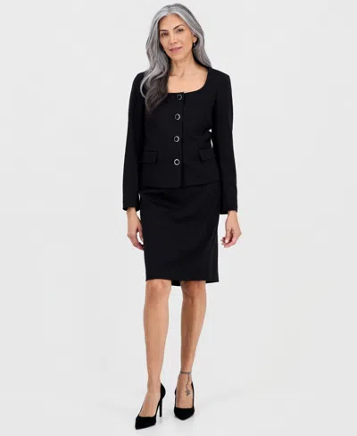 Le Suit Women's Square-neck Button-front Skirt Suit In Black