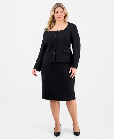 Le Suit Plus Size Square-neck Button-front Skirt Suit In Black