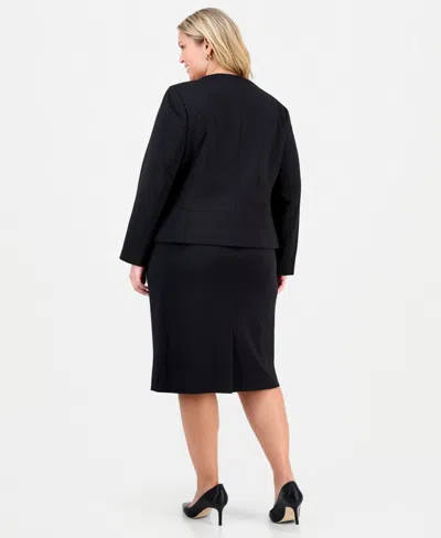 Le Suit Plus Size Square-neck Button-front Skirt Suit In Black
