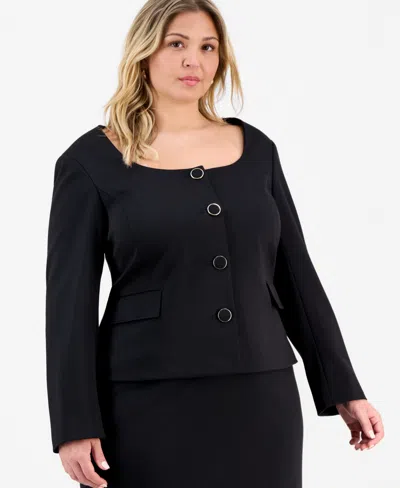Le Suit Plus Size Square-neck Button-front Skirt Suit In Black