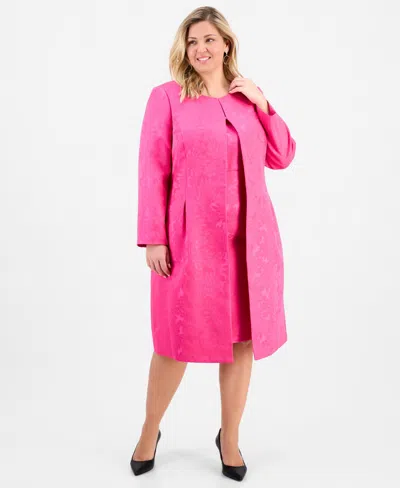 Le Suit Plus Size Floral-jacquard Topper & Sheath Dress Set In Pink