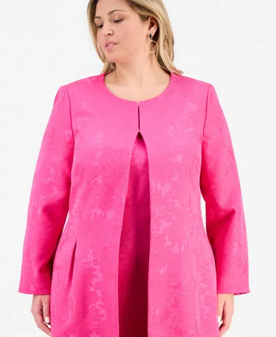 Le Suit Plus Size Floral-jacquard Topper & Sheath Dress Set In Pink