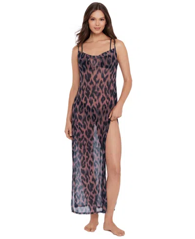 Steve Madden Women's Mesh Cowl Neck Maxi Swim Dress In Brown