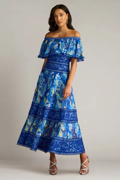 Tadashi Shoji Amary Floral Pleated Chiffon Midi Dress In Blue