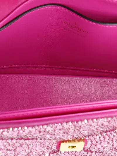 Pre-owned Valentino Garavani One Stud Chain Flap Bag Crystal Embellished Suede Small Shoulder Bag In Pink