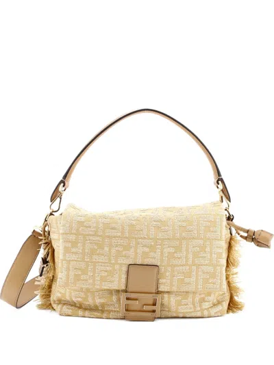 Pre-owned Fendi Mamma Baguette Nm Zucca Jacquard And Raffia Medium Shoulder Bag In Neutral