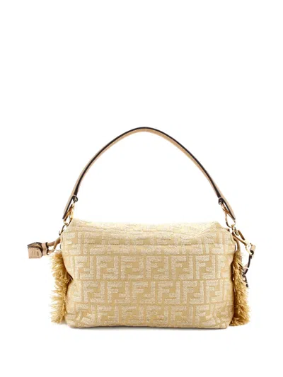Pre-owned Fendi Mamma Baguette Nm Zucca Jacquard And Raffia Medium Shoulder Bag In Neutral