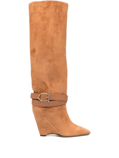 Ferragamo 90mm Buckle-strap Knee-high Boots In Brown