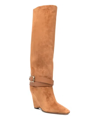 Ferragamo 90mm Buckle-strap Knee-high Boots In Brown