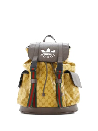 Pre-owned Gucci X Adidas Double Pocket Buckle Gg Coated Canvas Medium Backpack In Brown