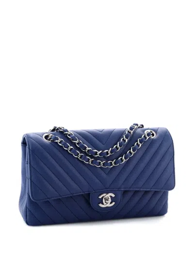 Pre-owned Chanel Classic Double Flap Bag Chevron Caviar Medium Shoulder Bag In Blue