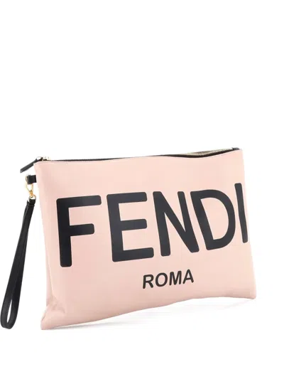 Pre-owned Fendi Logo Wristlet Printed Leather Large Clutch Bag In Neutral