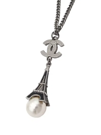 Pre-owned Chanel 2006 Silver Plated Faux Pearl Enamel Cc Eiffel Tower Charm Necklace Costume Necklace