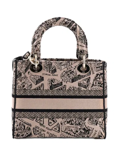 Pre-owned Dior Lady D-lite Bag Embroidered Canvas Medium Satchel In Black