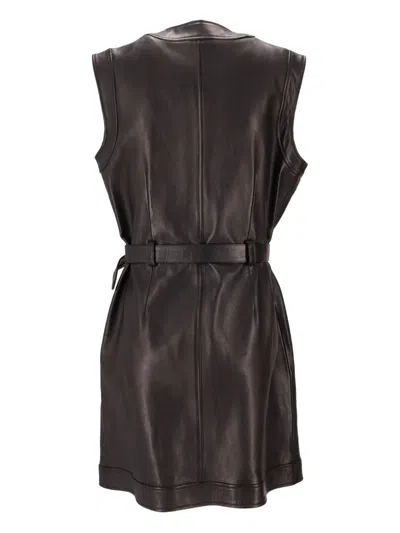 La Rose Buttoned Belted Leather Dress In Black