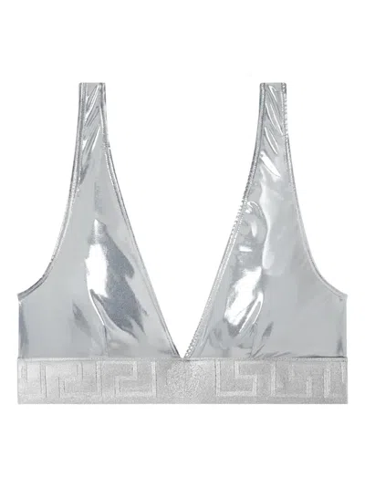 Versace Metallic Triangle Bikini Top In Silver