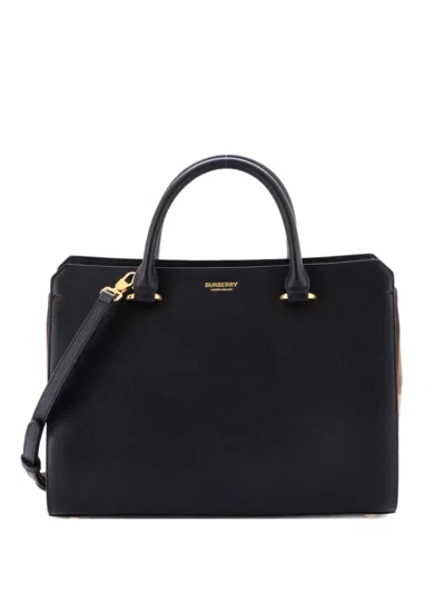 Pre-owned Burberry Banwell Leather And House Check Canvas Small Tote Bag In Black