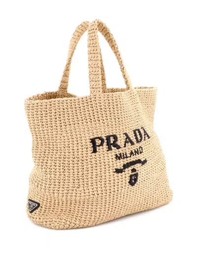 Pre-owned Prada Logo Raffia Large Tote Bag In Black
