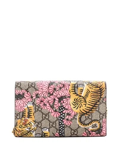Pre-owned Gucci Chain Wallet Bengal Print Gg Coated Canvas Crossbody Bag In Brown