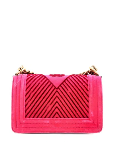 Pre-owned Chanel Boy Flap Bag Chevron Velvet Small Crossbody Bag In Pink