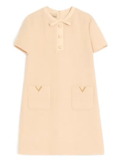 Valentino Wool Dress Short Sleeves Textured Fabric Bow In Neutral