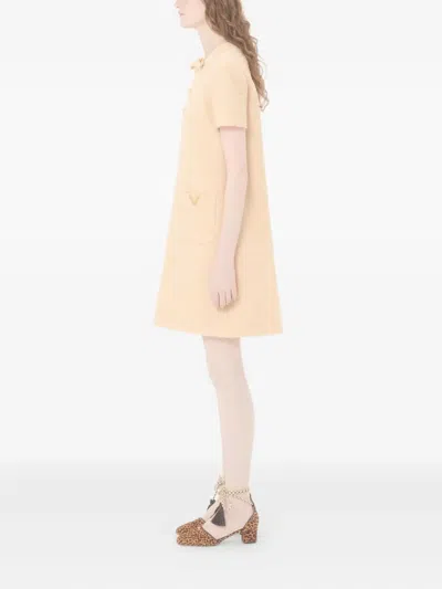 Valentino Wool Dress Short Sleeves Textured Fabric Bow In Neutral