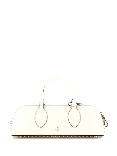 Pre-owned Valentino Garavani Rockstud Zip Up Top Handle Bag Leather East West Shoulder Bag In Neutral
