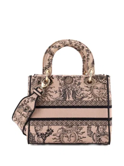 Pre-owned Dior Lady D-lite Bag Embroidered Canvas Medium Satchel In Black
