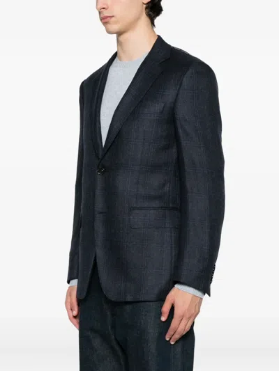 Canali Checked Two-button Blazer In Blue