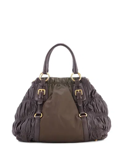 Pre-owned Prada Gaufre Convertible Leather And Tessuto Large Satchel In Brown