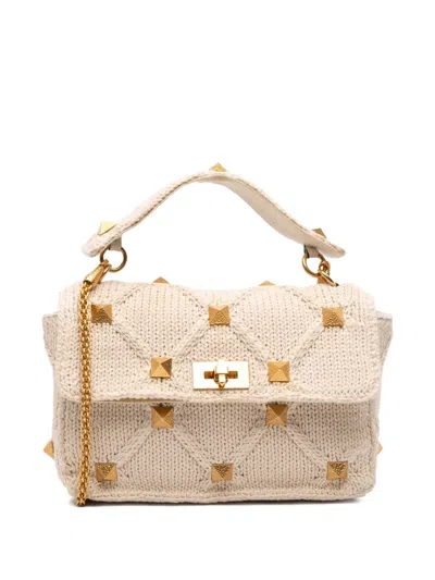 Pre-owned Valentino Garavani 2021-2025 Large Knit Roman Stud Satchel In White