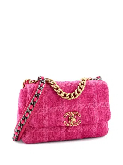 Pre-owned Chanel 19 Flap Bag Quilted Tweed Medium Crossbody Bag In Pink