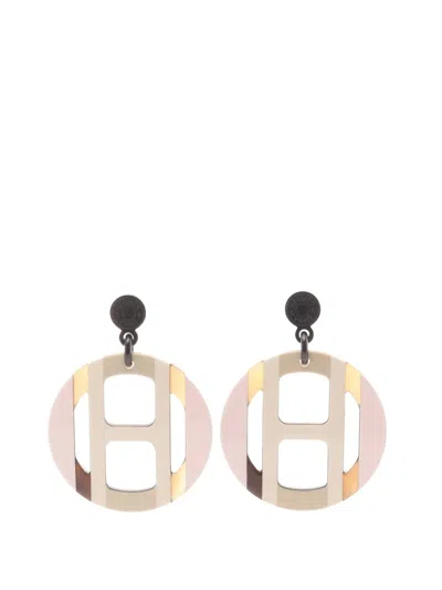 Pre-owned Hermes 2000-2025 Buffalo Horn H Equipe Push Backs Earrings Costume Earrings In Brown