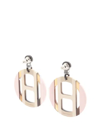 Pre-owned Hermes 2000-2025 Buffalo Horn H Equipe Push Backs Earrings Costume Earrings In Brown