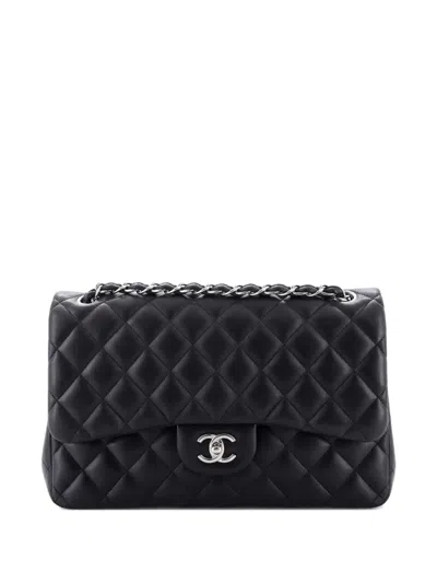 Pre-owned Chanel Classic Double Flap Bag Quilted Lambskin Jumbo Shoulder Bag In Black
