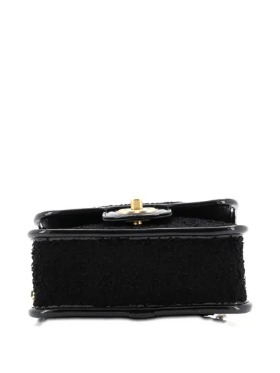 Pre-owned Chanel School Memory Top Handle Flap Bag Quilted Tweed With Patent Mini Shoulder Bag In Black