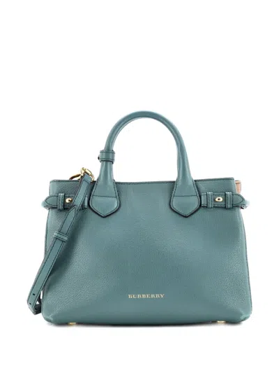 Pre-owned Burberry Banner Leather And House Check Canvas Small Tote Bag In Green