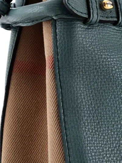 Pre-owned Burberry Banner Leather And House Check Canvas Small Tote Bag In Green