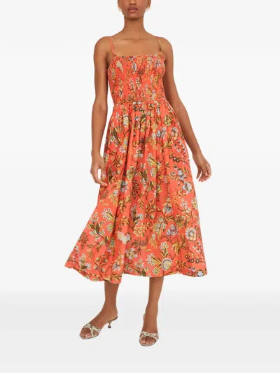 Cara Cara Carmen Ruffled-trim Smocked-panel Midi Dress In Orange