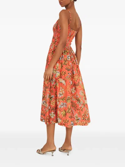 Cara Cara Carmen Ruffled-trim Smocked-panel Midi Dress In Orange