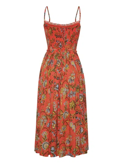 Cara Cara Carmen Ruffled-trim Smocked-panel Midi Dress In Orange