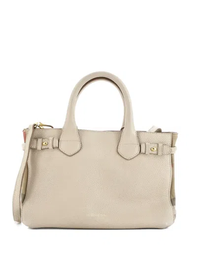 Pre-owned Burberry Banner Leather And House Check Canvas Small Tote Bag In Pink