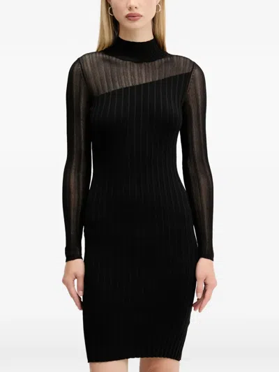 Hugo Boss Siclaminy Ribbed Mesh-panel Mini Dress In Black