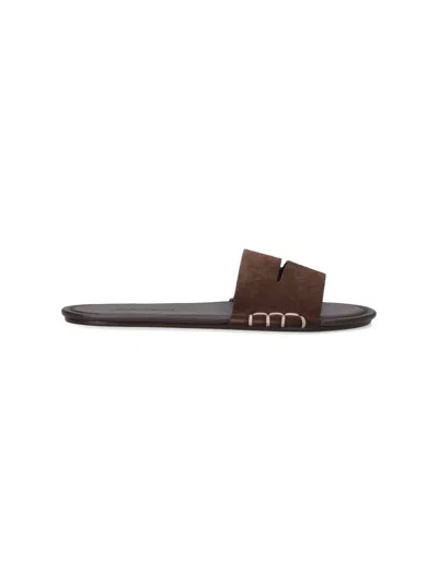 Jw Anderson Loafer Whipstitched Suede Slides In Brown