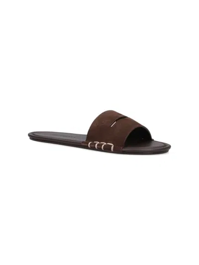 Jw Anderson Loafer Whipstitched Suede Slides In Brown