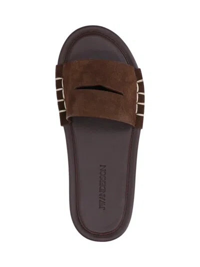 Jw Anderson Loafer Whipstitched Suede Slides In Brown